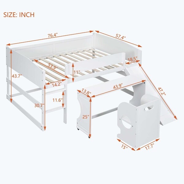 Low Study Twin Loft Bed with Rolling Portable Desk and Chair