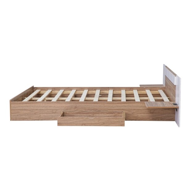 Queen Size Platform Bed with Extended Headboard, 2 Drawers &USB Ports