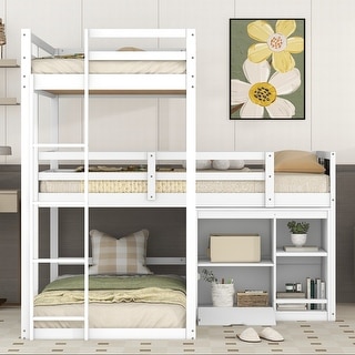 Twin Size L-Shaped Triple Bunk Bed with Storage Cabinet, White
