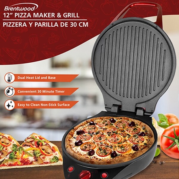 Brentwood 1200 Watt 12 Inch Non Stick Pizza Maker and Grill in Red - 12 Inch