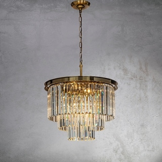 6-Lights Mid-Century Modern Antique Gold/Nickel 3-Tier Round Fringe Crystal Chandelier - N/A