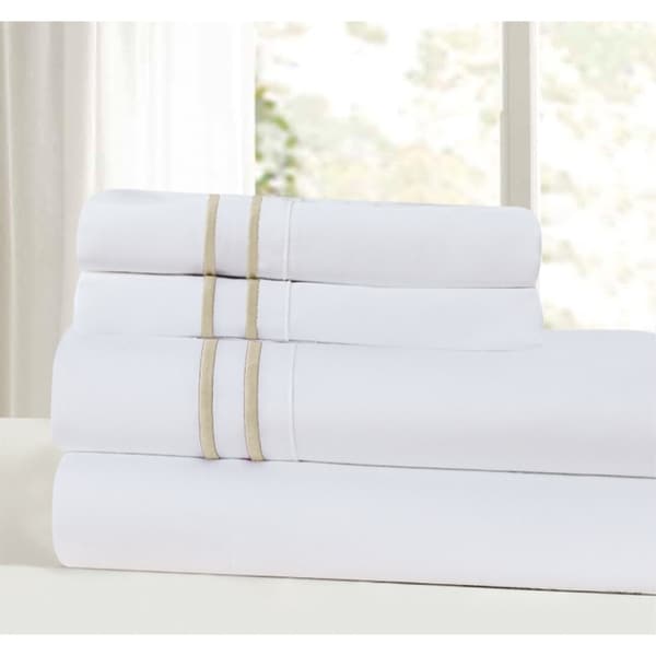 Porch & Den Elmonica White 300 TC Sateen Cotton 4-piece Sheet Set with Embroidery