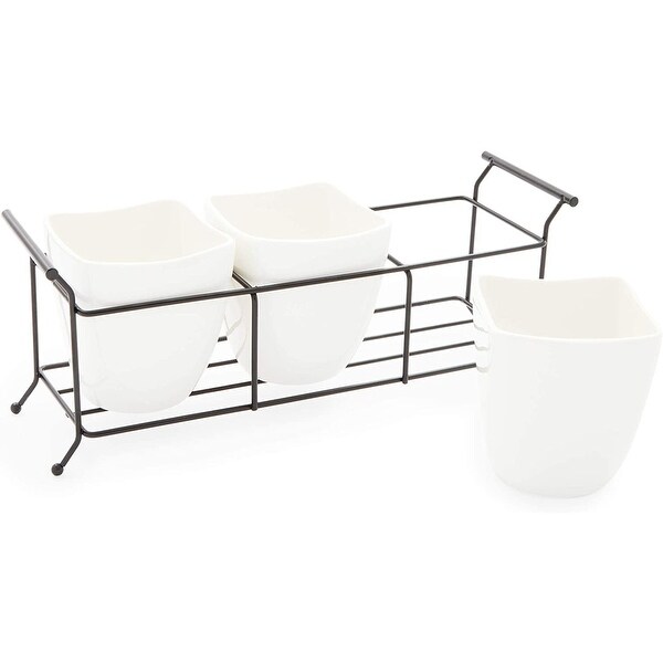 White Ceramic Utensil Holder, Flatware Caddy with Metal Stand (13 x 4 x 5 In)