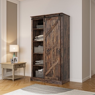 Tall Storage Cabinet with Sliding Barn Door and Adjustable Shelf