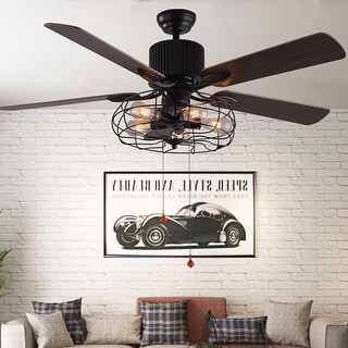 Bella Depot 52" Black Industrial Reversible Ceiling Fan Metal Cage Shade with Remote Control and Light Kit