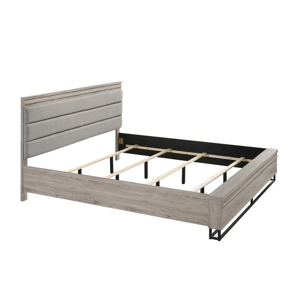 Roundhill Furniture Alvear Upholstered Wood Wallbed Bed with White LED Lights, 2 Nightstands, Weathered Gray