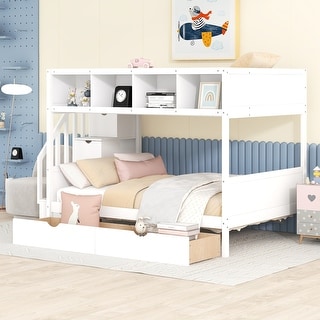 Twin over Full Bunk Bed with Shelfs, Storage Staircase and 2 Drawers