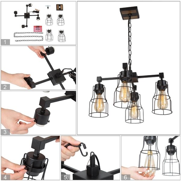 Modern Industrial 4-Light Black Cage Chandelier for Dining Room - 20" W x 12.5" H