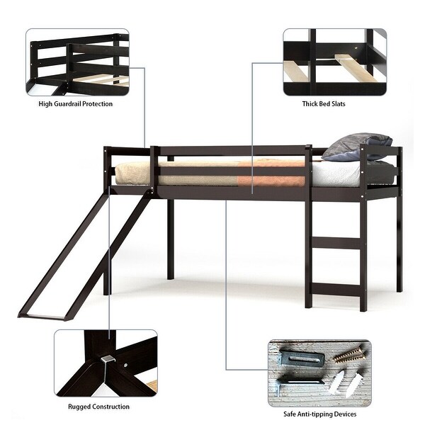 Gymax Twin Size Loft Bed with Slide Wood Low Sturdy Loft Bed for Kids