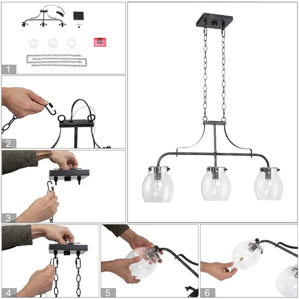 Modern 3-Light Linear Glass Island Lights Chandelier for Dining Room - L25"x W 5"x H 14"