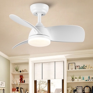 YUHAO 28 in. Integrated LED Indoor Matte White Ceiling Fans with Light Kit and Remote Control - 28 Inches