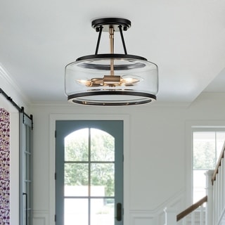 3 - Light Industrial-style Black Lantern Glass Semi Flush Mount