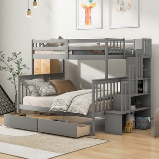 Twin Over Full Bunk Bed with 2 Drawers and Staircases, Convertible into 2 Beds, the Bunk Bed with Staircase and Safety Rails