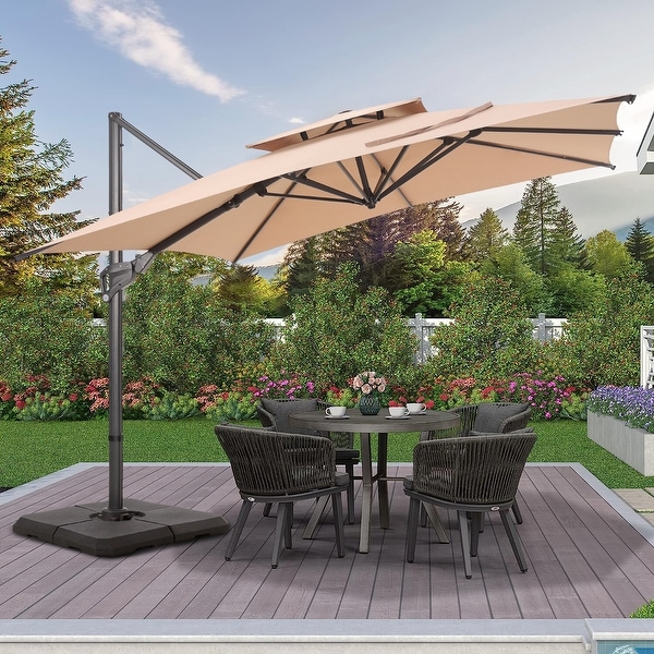 360-Degree Rotation Cantilever Double-pull Umbrella 10ft Square Patio Offset Aluminum Umbrella with Base