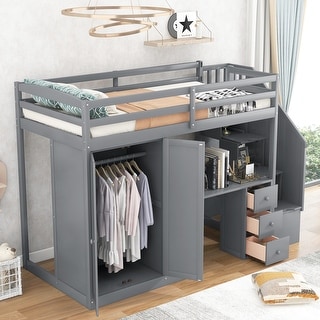 Twin Size Loft Bed with Wardrobe Stairs Desk Storage