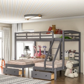 Full over Twin and Twin Bunk Bed,Grey Triple Bunk Bed with Drawers