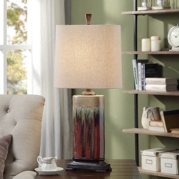 StyleCraft Tandoori Spice and Arabic Ceramic Dark Red And Tan Glaze Table Lamp - White Fabric Shade