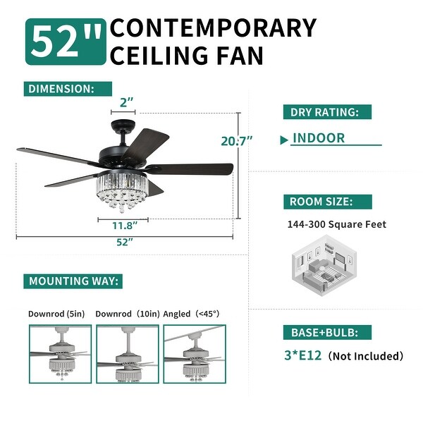 Moasis 52" Crystal Ceiling Fan Light with 5 Dual Color Wooden Blades