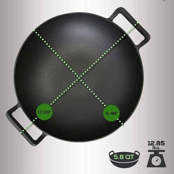 NutriChef Pre Seasoned Cooking Wok Cast Iron Stir Fry Pan with Wooden Lid, Black