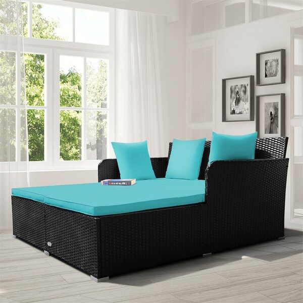 Outdoor Patio Rattan Daybed Cushioned Patio Conversation Sofa Set