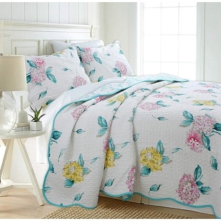 Cozy Line Lowe 3- piece Floral Reversible Cotton Quilt Set - Aqua/White/Pink/Yellow