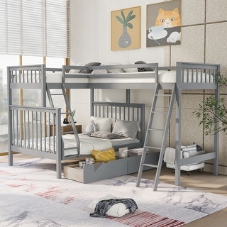 L-Shaped Twin over Full Bunk Bed & Twin Size Loft Bed with Two Storage Drawers