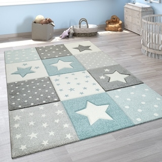 Kids Rug for Nursery Checkered with Stars in Pastel Colors
