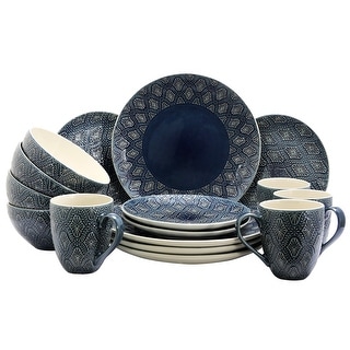16 Piece Dark Blue Embossed Pattern Stoneware Dinnerware Set