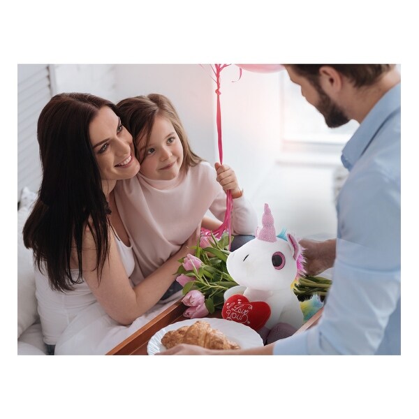 DolliBu I LOVE YOU Plush Sparkling Big Eye White Unicorn Animal with Heart - 7 Inches