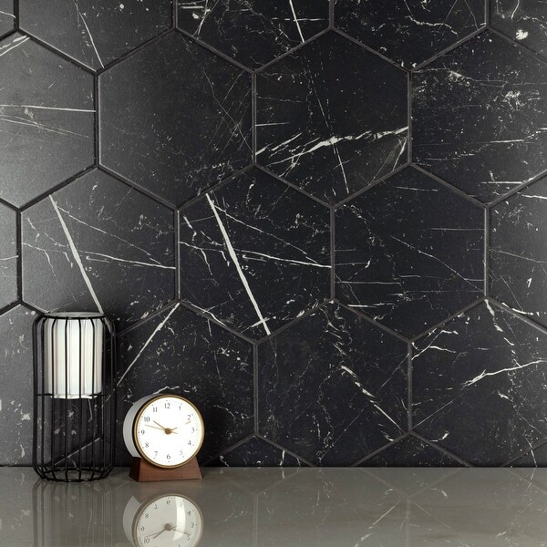 Merola Tile Marquina Hex Black 8.63" x 9.86" Porcelain Floor and Wall Tile