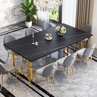 Rectangular Slate Countertop Dining Table with Golden Metal Frame