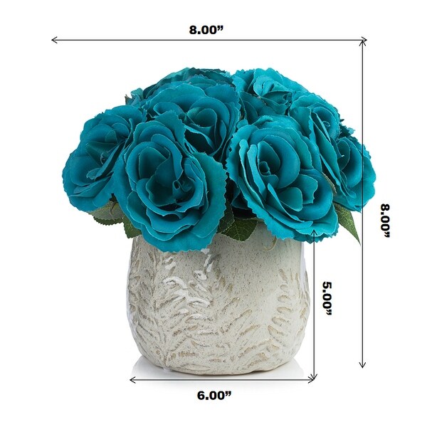 Enova Home Artificial Velvet Roses Faux Silk Flowers Arrangement in Round Tapered Ceramic Pot for Home Wedding Decoration