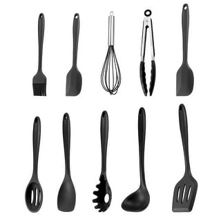 Kitchen Utensil Set of 10 Stainless Steel Silicone Cooking Utensils Black