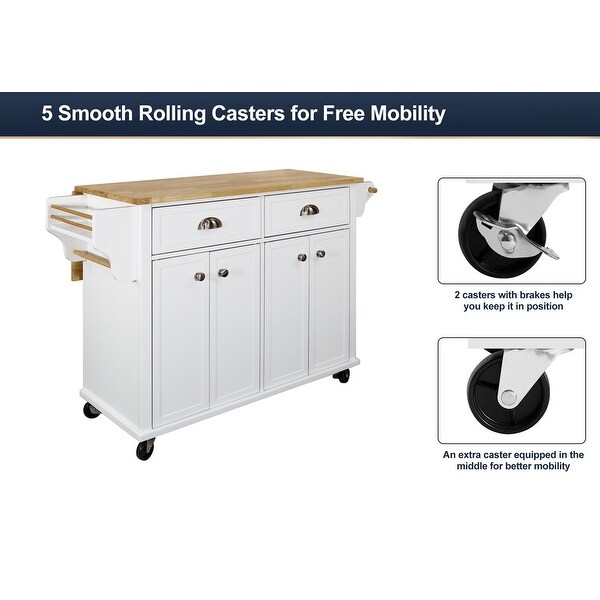 Natural Wood Kitchen Cart on 5 Wheels with Adjustable Shelves, White - N/A
