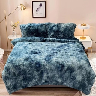 Fluffy Shaggy Comforter Set with 2 Pillowcases Queen Tie Dyed Teal