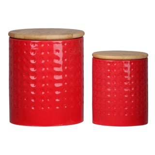 Round Ceramic Canister with Wooden Lid and Engraved Dotted