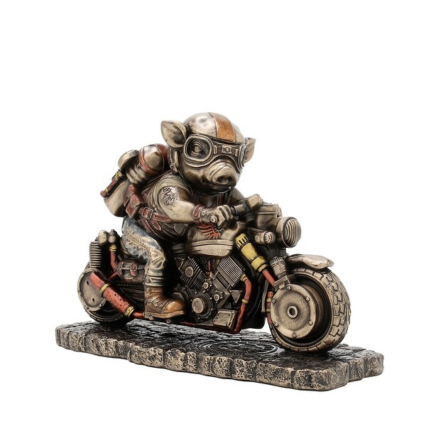 Speed Bacon Steampunk Pig On Motorcycle Bronze Finished Statue - 4.5 X 6.25 X 2.75 inches