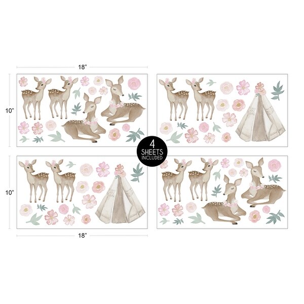 Sweet Jojo Designs Boho Woodland Deer Floral Wall Decal Stickers Art Nursery Decor (Set of 4) - Blush Pink Mint Green and White