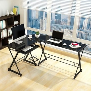 Porch & Den Champlain Glass L-shaped PC Laptop Computer Desk w/Keyboard Tray