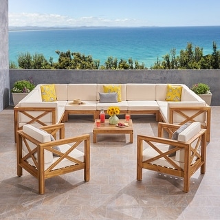 Brava Outdoor 11 Seater Acacia Wood Sectional Sofa and Club Chair Set by Christopher Knight Home