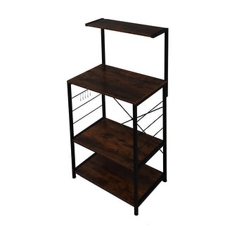 Multifunction Wooden Kitchen Shelf with 4 Little Hooks, Adjustable Leg Pads Baker's Rack 4 Tier Shelves