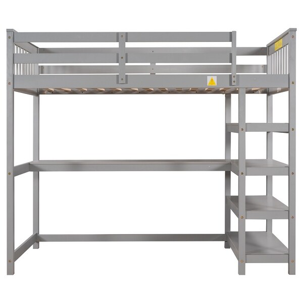 Twin Size Loft Bed High-quality Solid Pine Wood and MDF Bed with Storage Shelves and Under-bed Desk, Full-length Guardrail