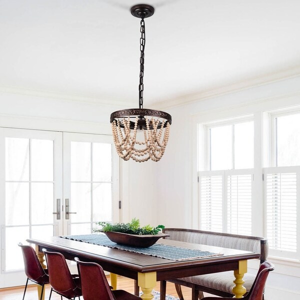 3 Light Farmhouse Wooden Beaded Pendant Light - 12.6''
