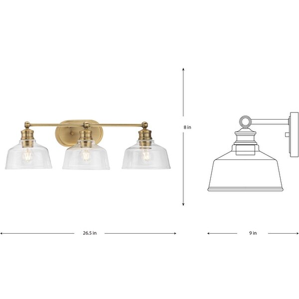 Singleton Collection 3-Light 26.5 in. Vintage Brass Vanity Light with Clear Glass Shades - Small