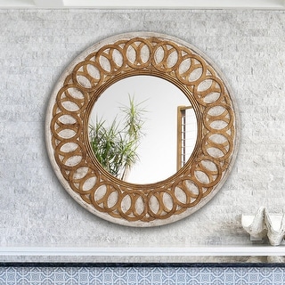 32" Distressed White Wooden Gold Round Wall Mirror