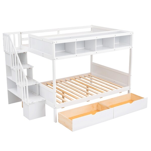Twin over Full Bunk Bed with Shelfs, Storage Staircase and 2 Drawers