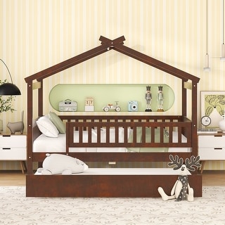 Full Wooden House Platform Bed with Trundle for Girls & Boys, Walnut