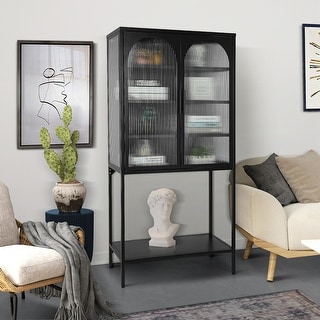 Tempered Glass Tall Storage Cabinet with 2 Arched Doors Adjustable Shelves and open bottom shelf
