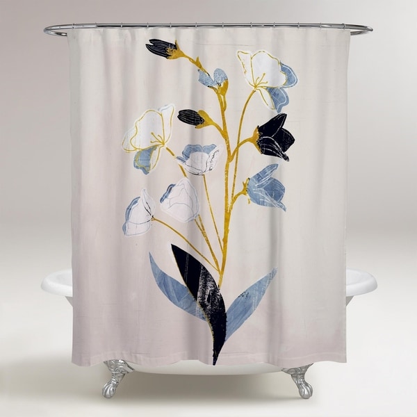Oliver Gal 'White Flowers with Ochre' Floral and Botanical Decorative Shower Curtain Florals - Blue, Gold