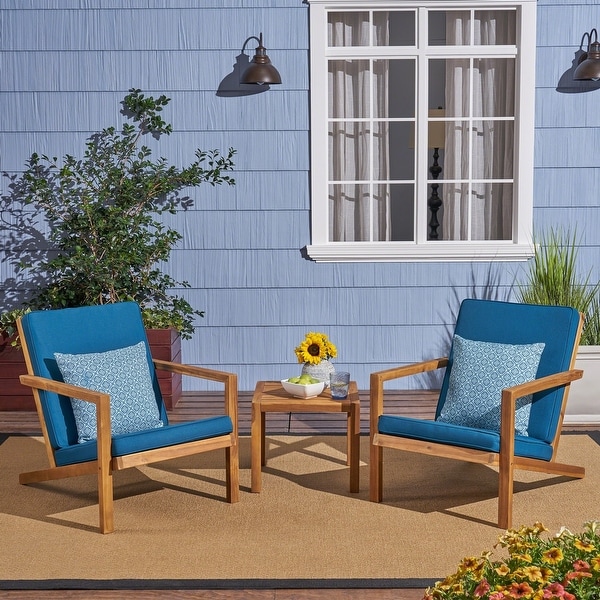 Leah Outdoor 3-piece Acacia Wood Chat Set with Cushions by Christopher Knight Home